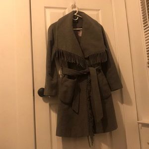Gray fringed pea coat with belt